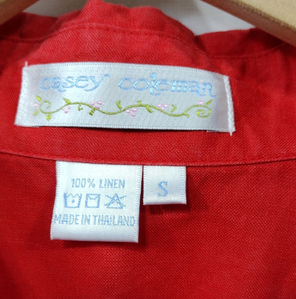 Casey Coleman 100% Linen Embroidered Floral Button Shirt Women's S Red Retro - Picture 7 of 7